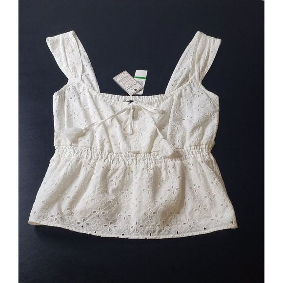 Flag & Anthem Tops - Flag & Anthem White Eyelet Peplum Blouse Top Tassel Tie L Cottagecore Milkmaid